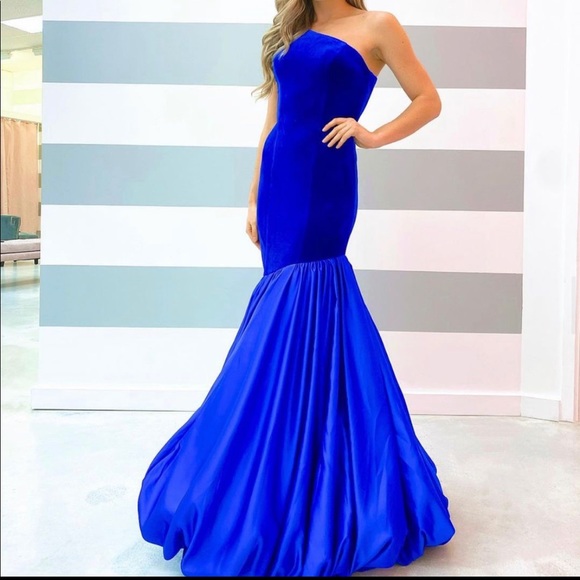 blue velvet one shoulder dress BABARONI One Shoulder Sheath Velvet Gown Dusty Blue Plus Size, Dusty Blue / US18 main image 1